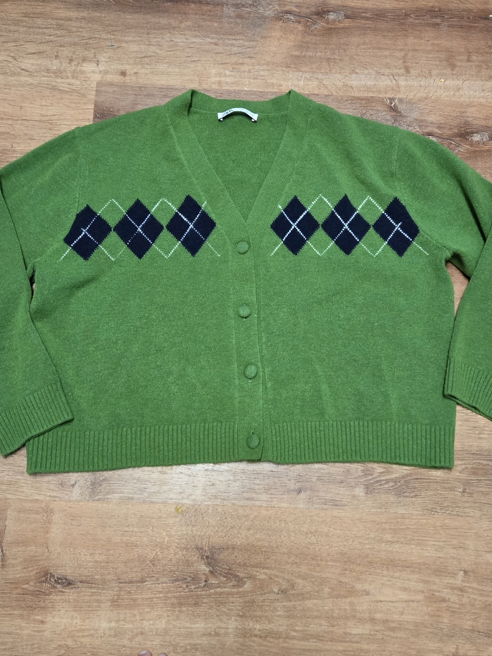 Zara Green Argyle Button-Front V-Neck Cardigan Medium Wool Blend